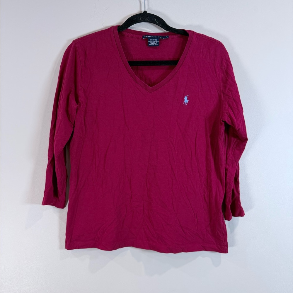 ๐ฅRalph Lauren Women's V-Neck Long Sleeve Top - Raspberry Pink Size L UC๐ฅ